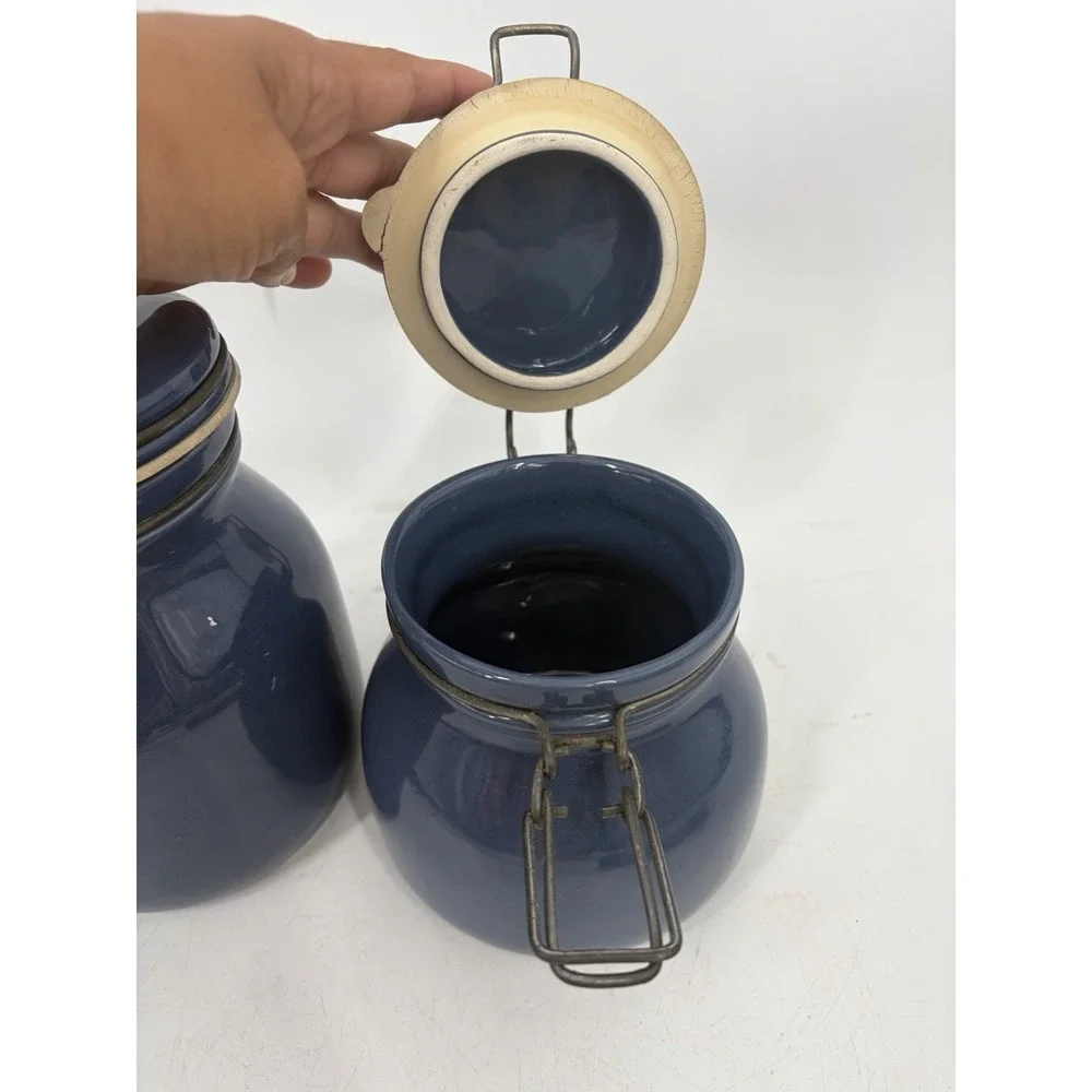 Vintage Stoneware Canister Set 3 Navy Blue Folk Art Bird Heart Clamp Lid